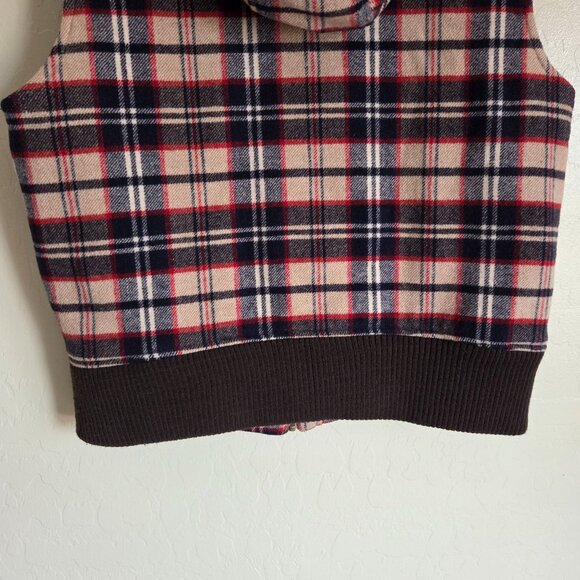 Old Navy Retro Plaid Toggle Wool Blend Vest Faux Fur Hood Multicolor Sz Womens L - Picture 9 of 11